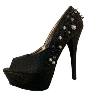 Dollhouse Black Snakeskin Studded Platform Stiletto Heels